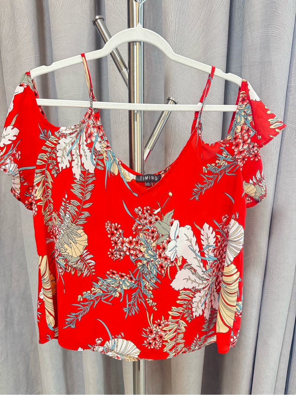 TIMING Red Floral Cold-Shoulder Camisole